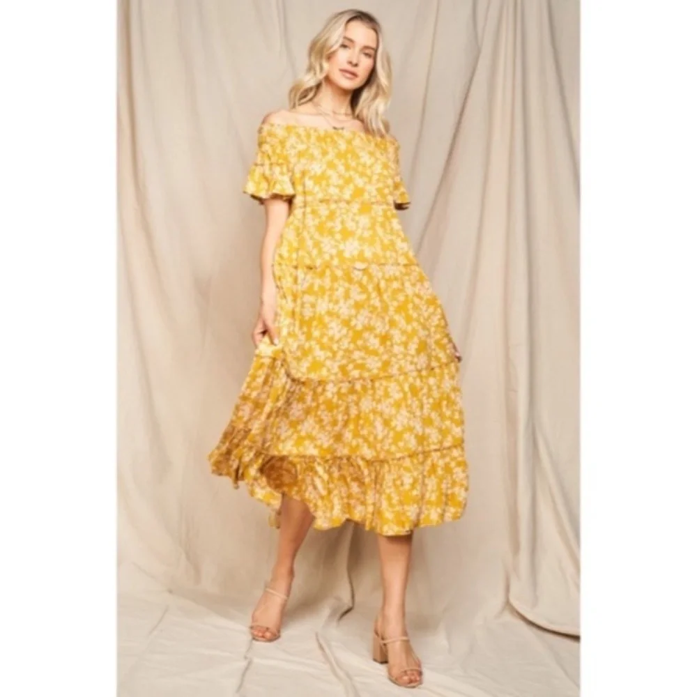 SOLD OUT Moss Yellow Floral Flowly Bohemian Tiered Off The Shoulder Casual Maxi - Picture 4 of 6